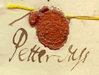 Сургучная печать и подпись норвежского поэта Петтера Дасса (1701)