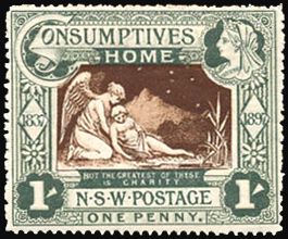 Одна из первых в мире полупочтовых марок, вышедших в Новом Южном Уэльсе, 1897, 1 пенни, продажная стоимость — 1 шиллинг (Sc #B1)