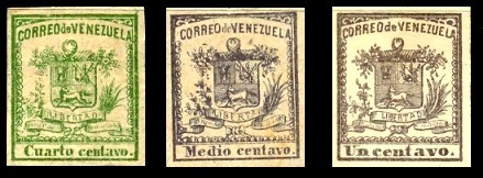 1862: вторая серия марок с гербом страны и надписью «Correo de Venezuela» («Почта Венесуэлы») (Mi #4—6)[^]