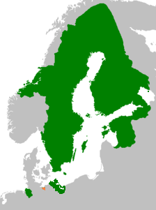 Шведский Висмар (оранжевый) в числе территорий Шведской империи, 1658 год.