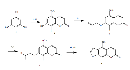 Файл:Condensed version of efficient synthesis of Bergapten.png