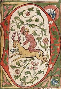 Буквица «D» с изображением дикаря, оседлавшего оленя; из немецкой Библии 1441—1449 гг.