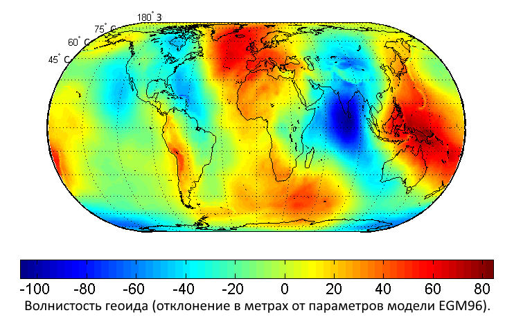 Карта, показывающая величину волнистости геоида в метрах (на основе модели EGM96 и эллипсоида WGS84).