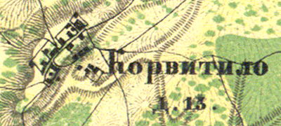 Деревня Корветино на карте 1860 года