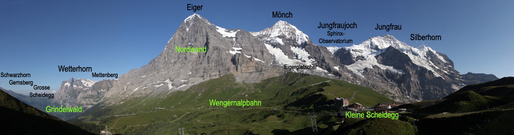Вершины Айгер, Мёнх и Юнгфрау. 180° панорама, вид со стороны перевала Клайне-Шайдег в Бернских Альпах