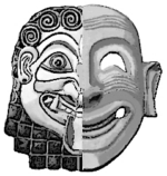 Символическое изображение греко-пунийского сосуществования на Сицилии: слева греческая горгона, справа финикийская «смеющаяся» маска