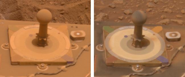 Марсианские солнечные часы MarsDial с разницей в 10 дней. На правом снимке хорошо видно, как порыв ветра сдул скопившуюся пыль (Событие очистки[англ.]) и тем самым очистил часы от пыли. Изображения были получены с использованием длин волн света от 430 до 750 нм.
