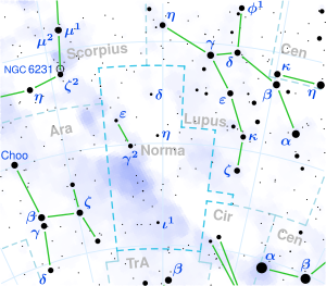 Diagram showing star positions and boundaries of the Norma constellation and its surroundings