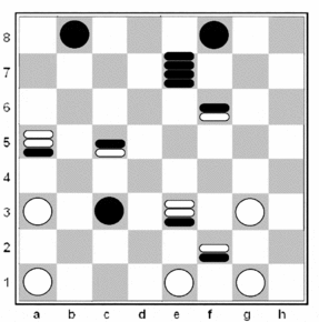 Комбинация из блиц-партии Д.Солдатов - А.Левит 1.a5-b6 c5:a7 2.g3-h4 a7:c5 3.h4-g5 f6:h4 4.f2-g3 h4:d4 5.g1-h2 d4:f2 6.h2:f4:d2:b4:d6