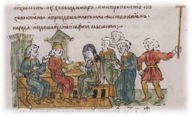 Совет Владимира Мстиславича Городецкого с митрополитом Климентом и жителями города Киева об измене черниговских князей