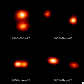 4 снимка системы Патрокл — Менетий, сделанные при помощи адаптивной оптики в обсерватории Кека (2005) и обсерватории Джемини (2007)