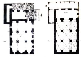 Слева план первого яруса мечети (для мужчин), справа план второго яруса (для женщин)