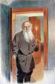 Лист из альбома - Последние дни Л.Н. Толстого. Толстой открывает дверь в комнату дочери. Бумага, карандаш. Авторская литография. 44х30,5. 1911.