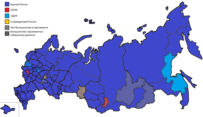 Карта партийной принадлежности губернаторов и партий с большинством в региональных парламентах после выборов в сентябре 2020 года.