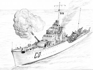 Эсминец «Кардуччи» ведёт огонь из носовых 120-мм орудий