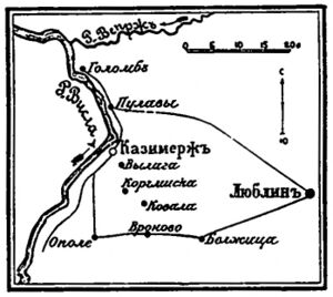 Театр военных действий (карта-схема из статьи «Казимерж» «Военная энциклопедия Сытина»)