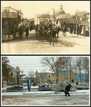 Сравнение района площади Братский Мост в 1916 и 2008 годах со стороны улицы Леси Украинки на улицу Даниила Галицкого