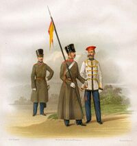 Обер-офицер и рядовые Лейб-Гвардии Гусарского Его Величества полка (1856 — 1857 годов), виден эскадронный значок.