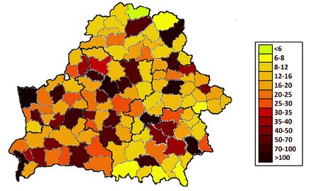 Плотность населения Белоруссии по муниципальным образованиям на 2016 год.