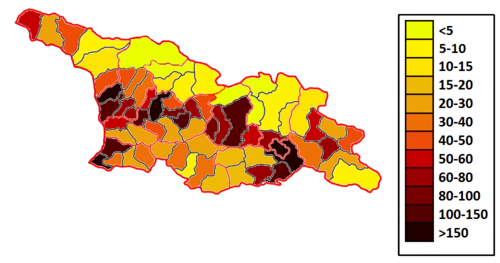 Плотность населения Грузии (с учётом Абхазии и Южной Осетии) на 2016 год.