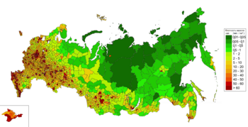 Плотность населения России по муниципальным образованиям на 01.01.2013 (данные Республики Крым и г. Севастополь на 2016 г.)