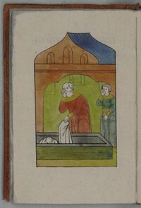 Посадник Щил приготовляет для себя гроб и саван («Повесть о посаднике Щиле», лицевая рукопись, ок. 1838 г.)