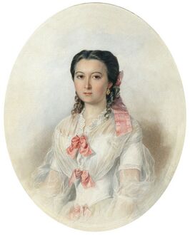 Портрет молодой дамы в белом платье с розовыми лентами (1856)