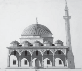 Предположительный оригинальный передний фасад мечети. При реконструкции облика здания Вильям Гесте (Уильям Хейсти, Вильям Эсти) не изобразил второй минарет. 1798 год