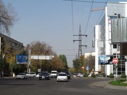 Вид на север вдоль улицы Манаса с перекрестка Жандосова-Манаса. (21 октября 2014 года)
