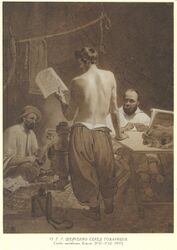 Первый слева Залесский, в Каратауской экспедиции, на рисунке Т. Г. Шевченко — «Шевченко среди товарищей», 1851 год.