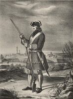Солдат-преображенец примыкает штык к фузее (1700—1720)[11]