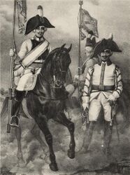 Эстандарт-юнкер Екатеринославского и трубач Казанского Кирасирского полков (труба в правой руке), 1797—1801.