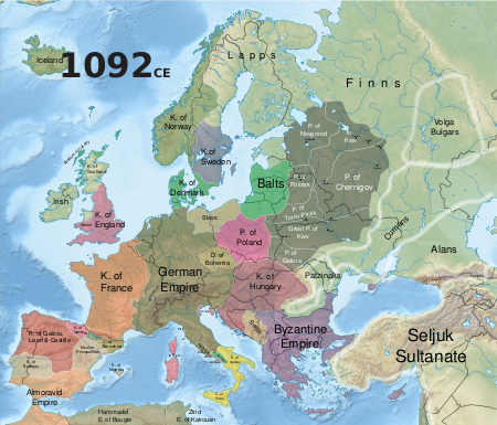 Карта Европы, показывающая наиболее крупные государства, включая Священную Римскую империю и Францию