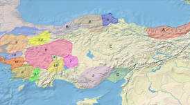 Бейлики Малой Азии в 1308 году. * A Трапезундская империя * B Византийская империя * D Киликийская Армения * E Государство сельджуков * 1 Чобаногуллары * 2 Караманогуллары * 3 Инанчогуллары (Ладик) * 4 Сахиб-атаогуллары * 5 Перванеогуллары * 6 Ментешеогуллары * 7 Эшрефогуллары * 8 Джандарогуллары * 9 Карасыогуллары * 10 Османогуллары * 11 Гермияногуллары * 12 Хамидогуллары * 13 Саруханогуллары * 14 Айдыногуллары