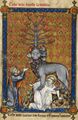 Еврей поклоняется зверю Апокалипсиса, попирающему святого. Миниатюра из Somme Le Roy. ок. 1300, Британская библиотека. Лондон.