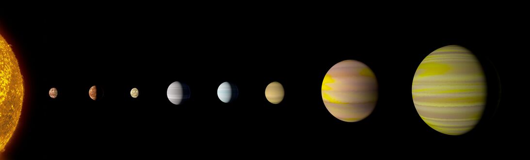 Система Kepler-90 в представлении художника, размеры планет соблюдены, расстояния от звезды не в масштабе. Планета g — вторая справа.