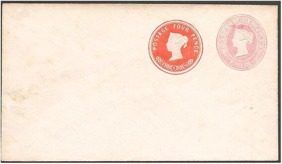 Чистый конверт[^] с маркой в 1 пенни с вытисненным изображением королевы Виктории[^], на который дополнительно наклеена вырезка[en] 4-пенсового знака почтовой оплаты (1876)[^]