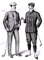 Модная иллюстрация из журнала Sartorial Arts Journal: костюм с накладными карманами (слева) и костюм для гольфа, состоящий из норфолкского пиджака и бриджей-никербокеров (справа), 1901 г.