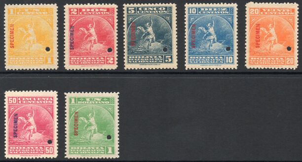 Образцы полной серии телеграфных марок 1906 года (одновременно с надпечаткой «Specimen» («Образец») и проколами), которая так и не увидела свет