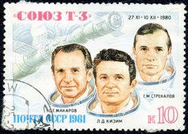 Почтовая марка СССР. 1981. Союз Т-3, О. Г. Макаров, Л. Д. Кизим, Г. М. Стрекалов