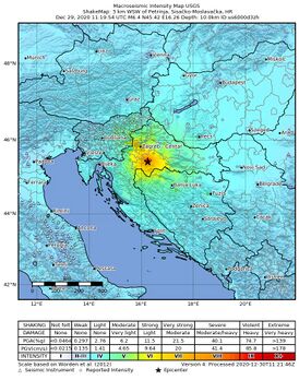 Эпицентр землетрясения в Петрине 29 декабря 2020 года (Снимок USGS)