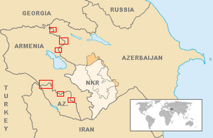 Расположение столкновений отмечено красным квадратом. Столкновения на границе Нахичеванской АР Азербайджана и Сюникской области Армении имели место по данным Азербайджана, но не подтвердились Арменией.