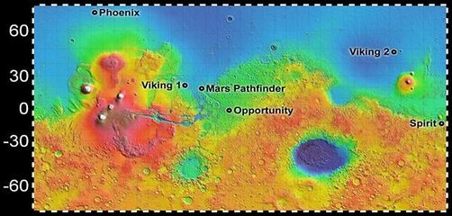 Место посадки на Марсе среди других аппаратов («Оппортьюнити» — в центре)