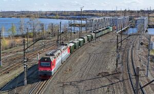 Грузовой поезд, ведомый электровозом 2ЭС6-137. Станция Золотая Сопка за рекой слева от мостов.