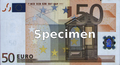 Лицевая сторона банкноты 50 евро (ES1) под белым светом