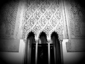 A Black and White Photograph inside the Synagogue of El Transito - Toledo Spain.jpeg