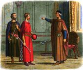 Хамфри Богун, 3-й граф Херефорд и Роджер Биго, 5-й граф Норфолк, противостоят Эдуарду I. Иллюстрация начала XX века.