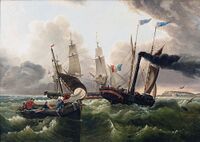 Один из первых французских пароходов (справа) и американский парусный пакетбот. Около 1835.