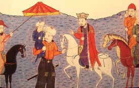 Абака (на коне), перед ним Аргун с маленьким Газаном на руках. Миниатюра из Джами ат-таварих Рашид ад-Дина, XIV век