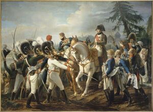 Наполеон Бонапарт в окружении союзных немецких офицеров в битве при Абенсберге